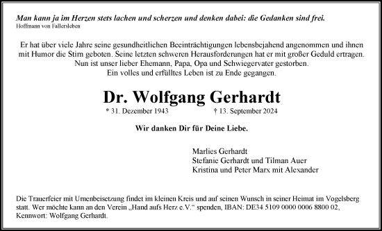 Traueranzeige von Wolfgang Gerhardt von Wiesbadener Kurier