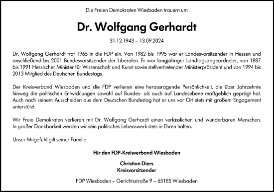 Traueranzeige von Wolfgang Gerhardt von Wiesbadener Kurier