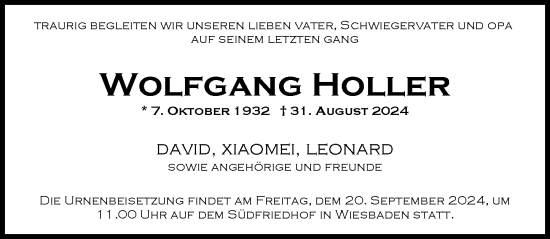 Traueranzeige von Wolfgang Holler von Wiesbadener Kurier