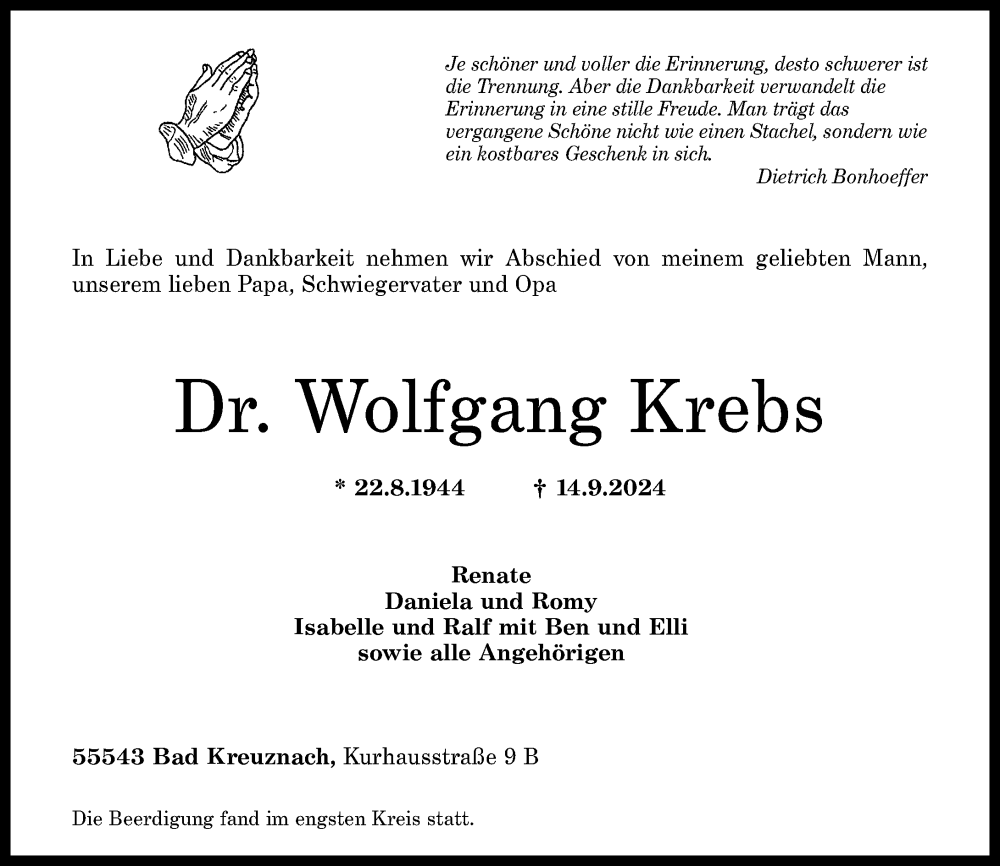  Traueranzeige für Wolfgang Krebs vom 28.09.2024 aus Allgemeine Zeitung Rheinhessen-Nahe