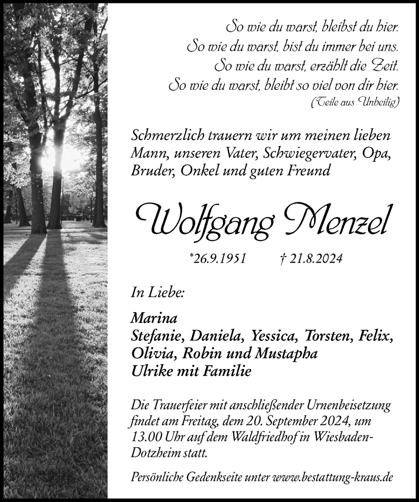  Traueranzeige für Wolfgang Menzel vom 07.09.2024 aus Wiesbadener Kurier