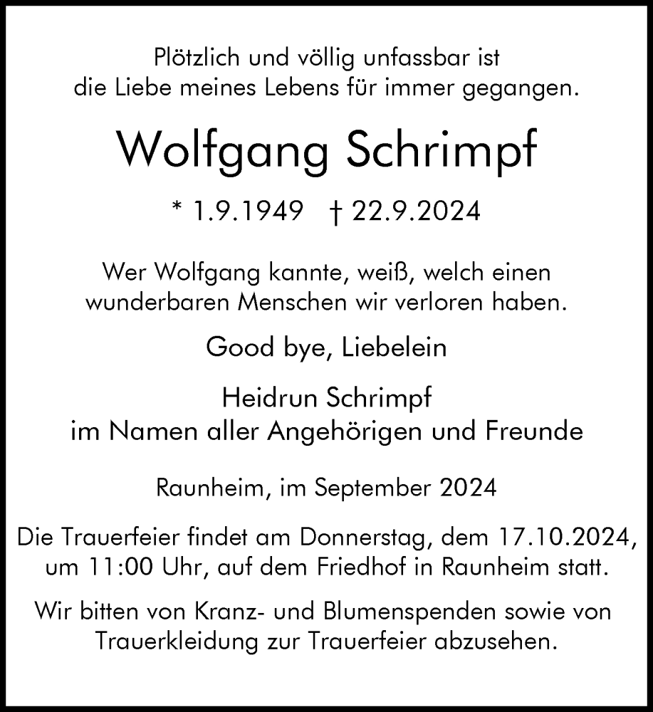  Traueranzeige für Wolfgang Schrimpf vom 28.09.2024 aus Rüsselsheimer Echo