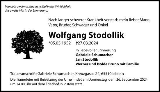 Traueranzeige von Wolfgang Stodollik von Idsteiner Land/Untertaunus