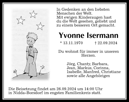 Traueranzeige von Yvonne Isermann von Weilburger Tageblatt