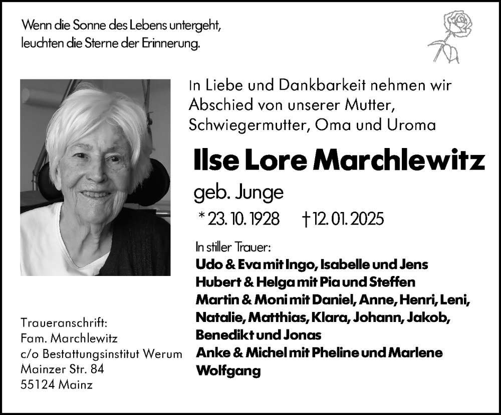  Traueranzeige für Ilse Lore Marchlewitz vom 18.01.2025 aus Allgemeine Zeitung Mainz