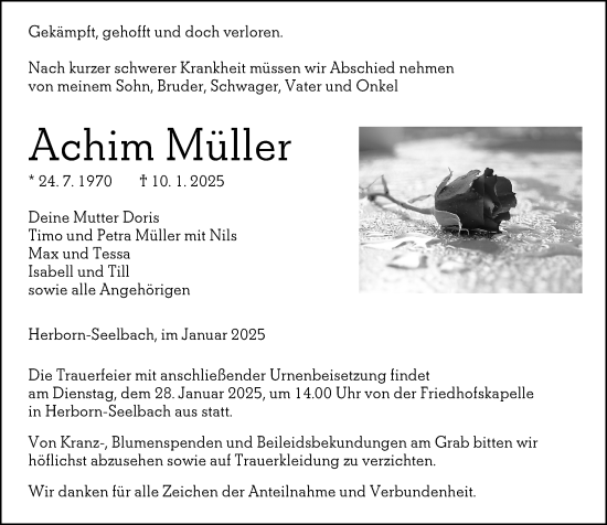 Traueranzeige von Achim Müller von Dill Block