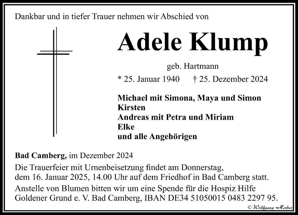  Traueranzeige für Adele Klump vom 09.01.2025 aus Camberger Anzeiger