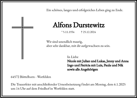 Traueranzeige von Alfons Durstewitz von Groß-Gerauer Echo
