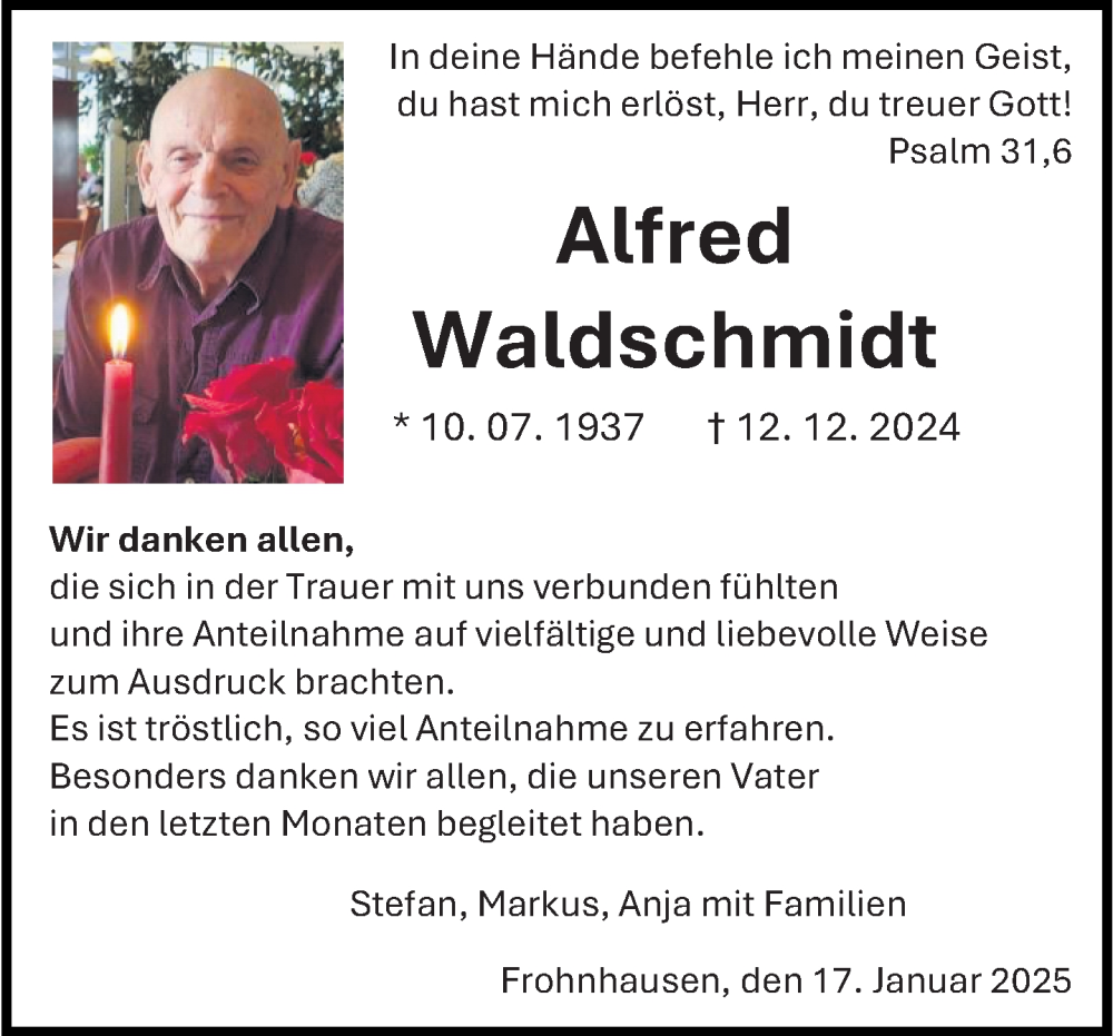  Traueranzeige für Alfred Waldschmidt vom 17.01.2025 aus Dill Block
