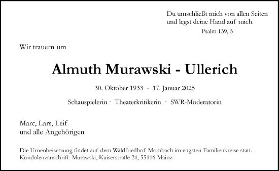 Traueranzeige von Almuth Murawski-Ullerich von Allgemeine Zeitung Mainz
