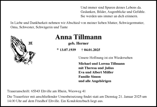 Traueranzeige von Anna Tillmann von Wiesbadener Kurier