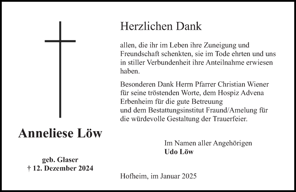  Traueranzeige für Anneliese Löw vom 25.01.2025 aus Wiesbadener Kurier