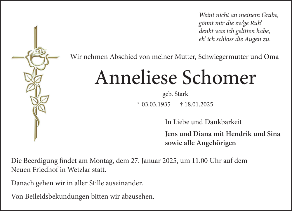  Traueranzeige für Anneliese Schomer vom 23.01.2025 aus Wetzlarer Neue Zeitung