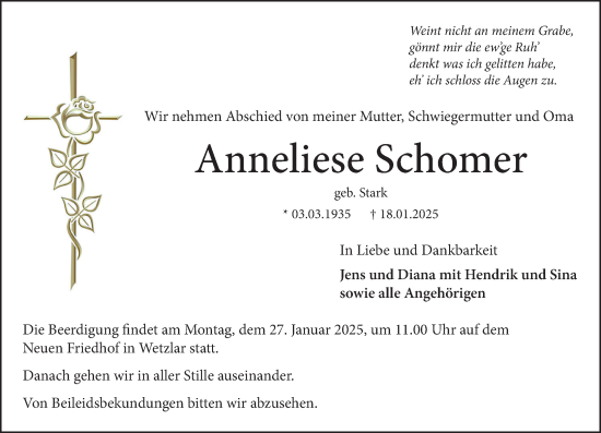 Traueranzeige von Anneliese Schomer von Wetzlarer Neue Zeitung