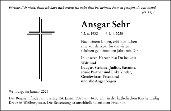 Traueranzeige von Ansgar Sehr von Weilburger Tageblatt