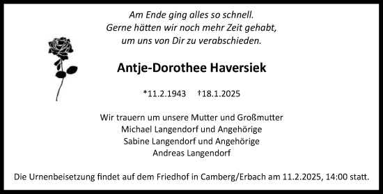 Traueranzeige von Antje-Dorothee Haversiek von Camberger Anzeiger