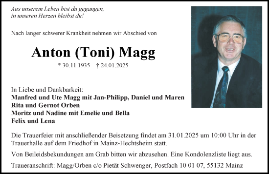 Traueranzeige von Anton Magg von Allgemeine Zeitung Mainz