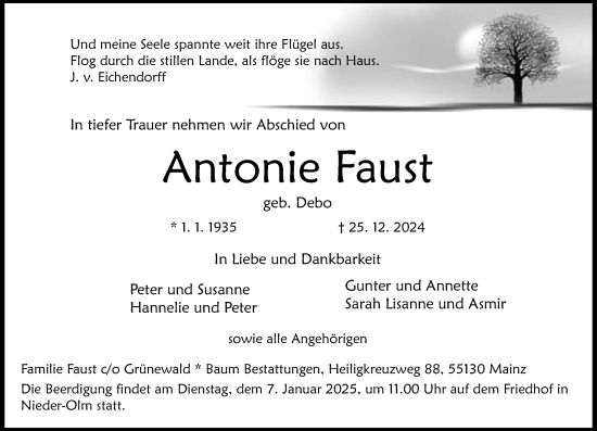 Traueranzeige von Antonie Faust von Allgemeine Zeitung Mainz