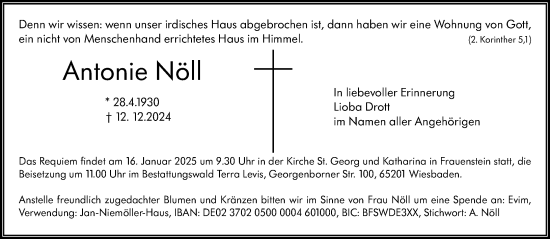 Traueranzeige von Antonie Nöll von Wiesbadener Kurier