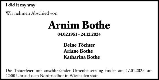 Traueranzeige von Arnim Bothe von Wiesbadener Kurier