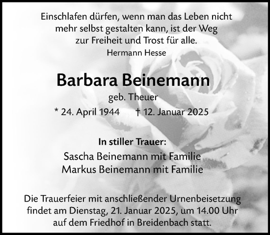 Traueranzeige von Barbara Beinemann von Hinterländer Anzeiger