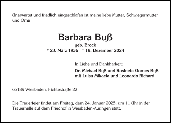 Traueranzeige von Barbara Buß von Wiesbadener Kurier