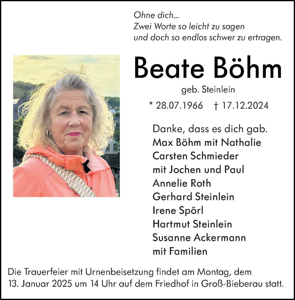  Traueranzeige für Beate Böhm vom 04.01.2025 aus Darmstädter Echo