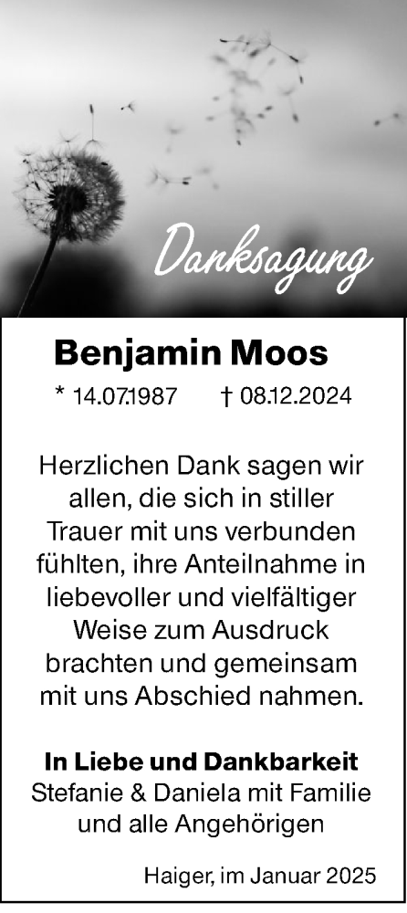  Traueranzeige für Benjamin Moos vom 20.01.2025 aus Dill Block
