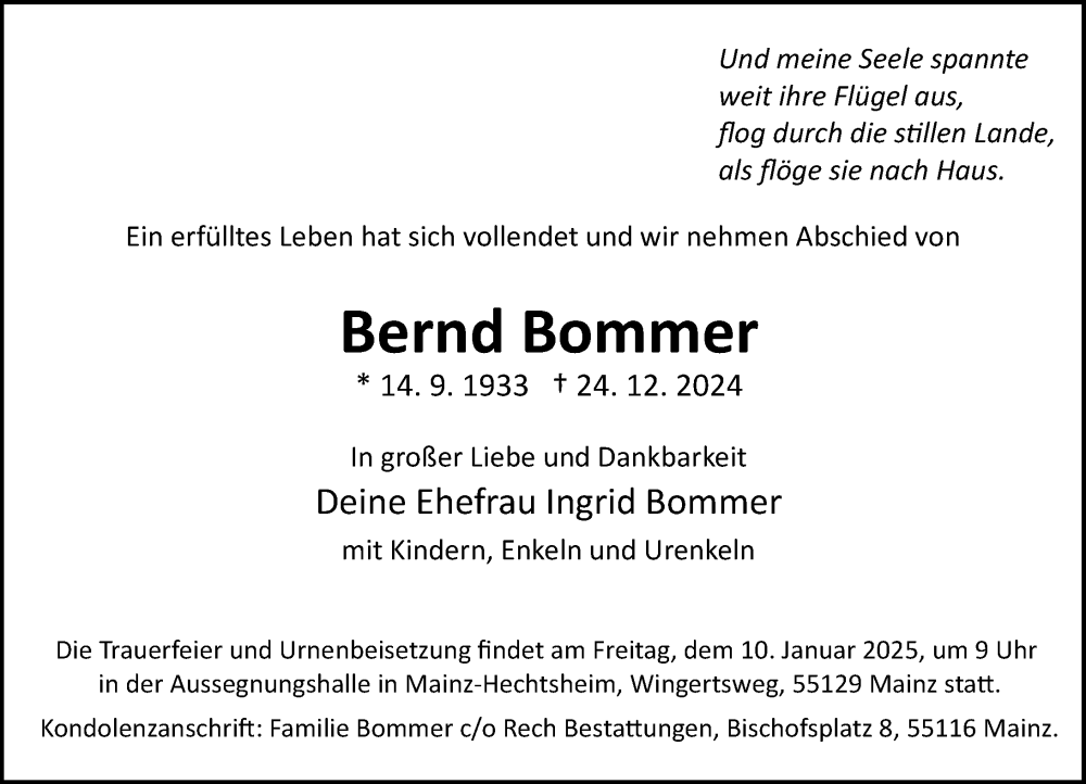  Traueranzeige für Bernd Bommer vom 02.01.2025 aus Allgemeine Zeitung Mainz