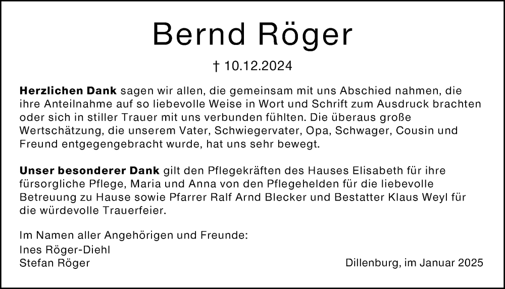  Traueranzeige für Bernd Röger vom 11.01.2025 aus Dill Block
