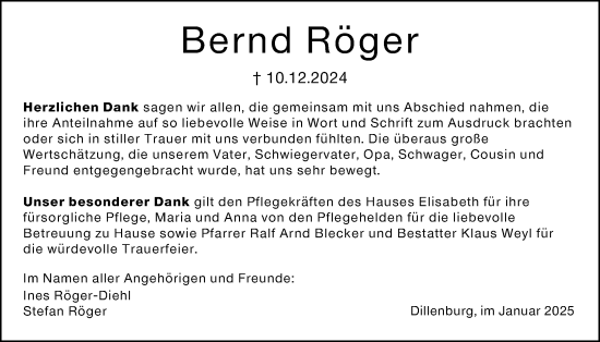 Traueranzeige von Bernd Röger von Dill Block