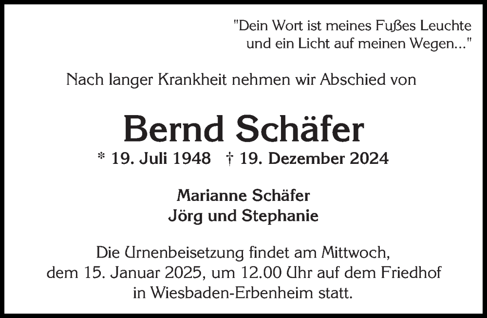  Traueranzeige für Bernd Schäfer vom 04.01.2025 aus Wiesbadener Kurier