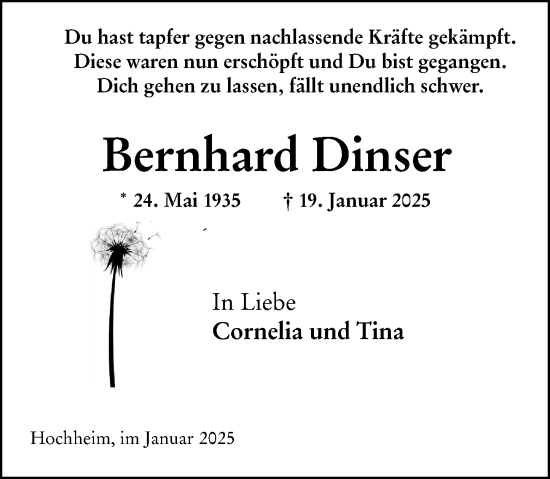 Traueranzeige von Bernhard Dinser von Hochheimer Zeitung