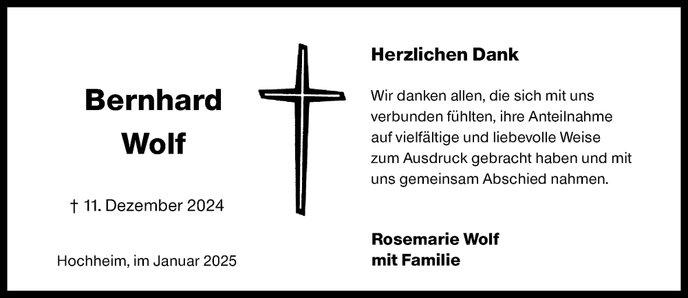  Traueranzeige für Bernhard Wolf vom 17.01.2025 aus Hochheimer Zeitung