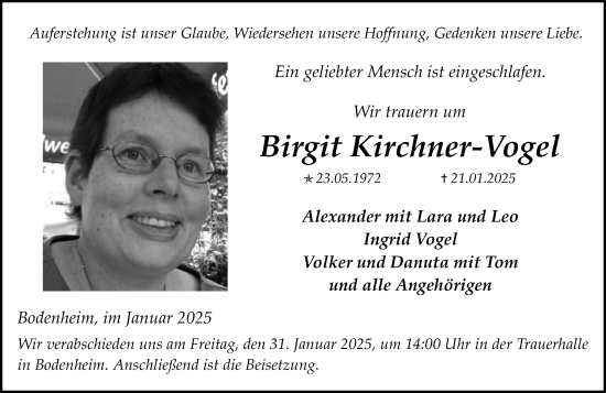 Traueranzeige von Birgit Kirchner-Vogel von Allgemeine Zeitung Mainz