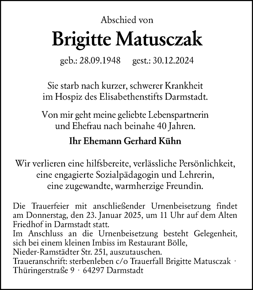  Traueranzeige für Brigitte Matusczak vom 11.01.2025 aus Groß-Gerauer Echo