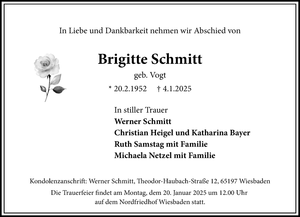  Traueranzeige für Brigitte Schmitt vom 11.01.2025 aus Wiesbadener Kurier