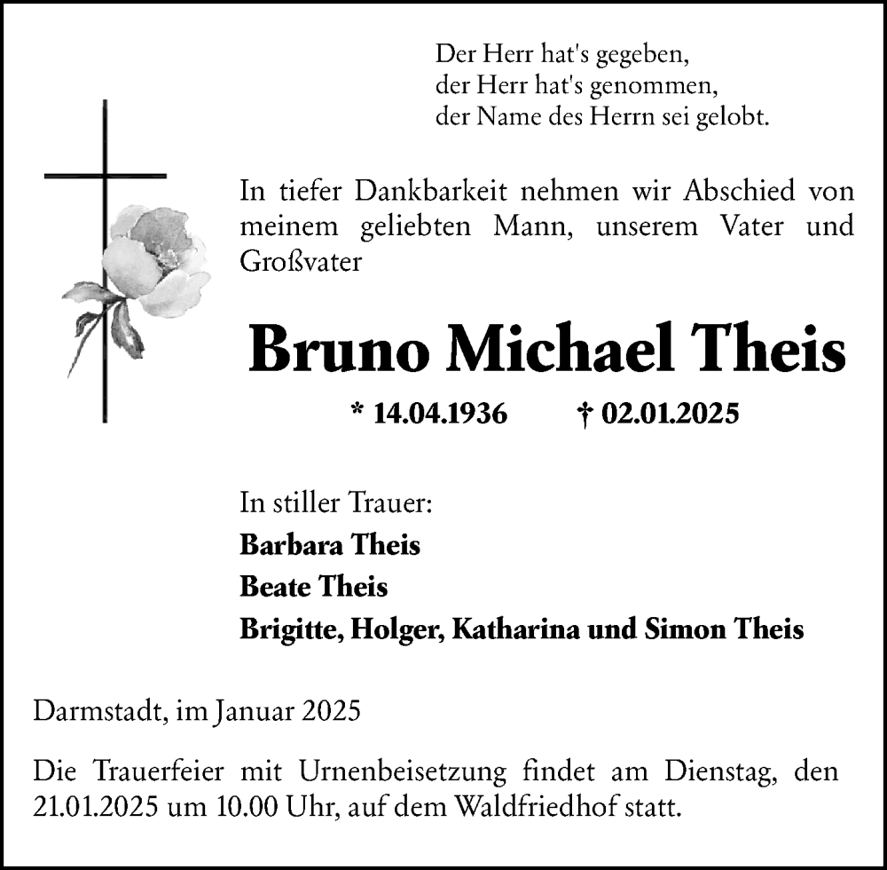  Traueranzeige für Bruno Michael Theis vom 11.01.2025 aus Darmstädter Echo