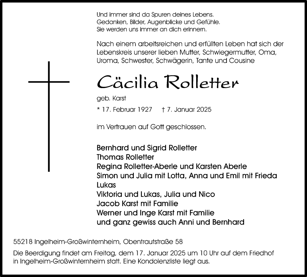  Traueranzeige für Cäcilia Rolletter vom 11.01.2025 aus Allgemeine Zeitung Rheinhessen-Nahe