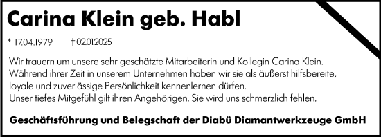 Traueranzeige von Carina Klein von Hinterländer Anzeiger
