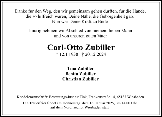 Traueranzeige von Carl-Otto Zubiller von Wiesbadener Kurier
