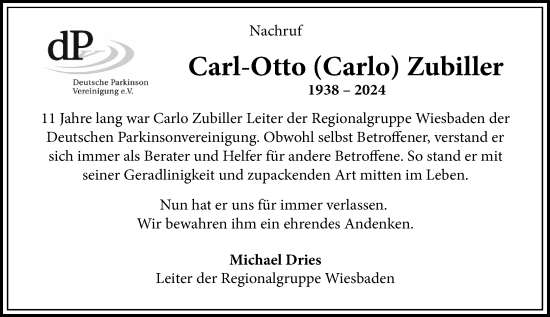 Traueranzeige von Carl-Otto Zubiller von Wiesbadener Kurier