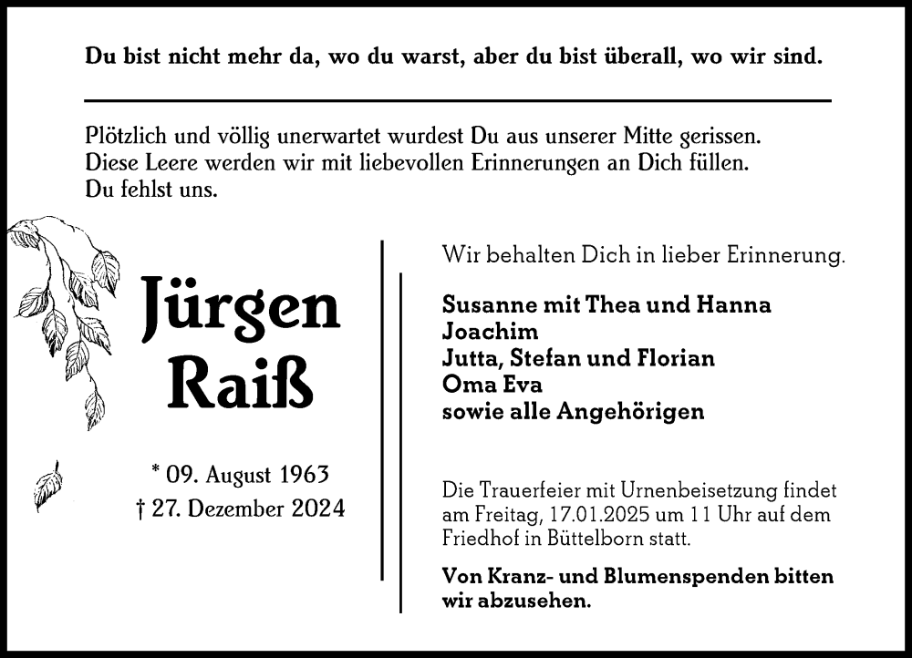  Traueranzeige für Jürgen Raiß vom 11.01.2025 aus Groß-Gerauer Echo