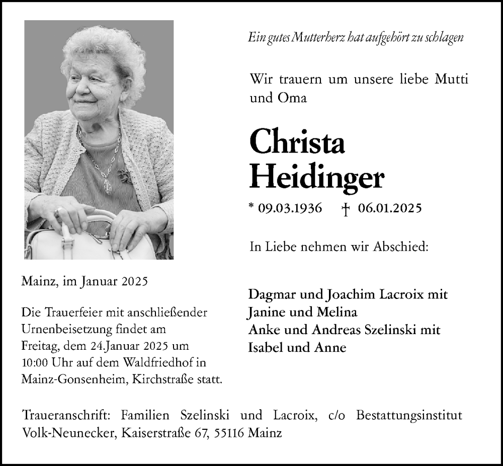  Traueranzeige für Christa Heidinger vom 20.01.2025 aus Allgemeine Zeitung Mainz