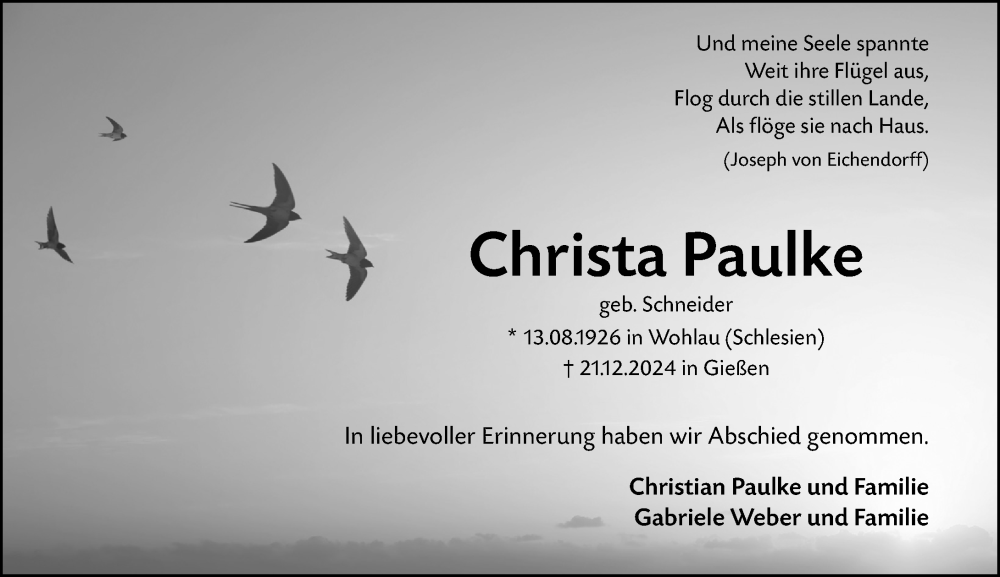  Traueranzeige für Christa Paulke vom 25.01.2025 aus Wetzlarer Neue Zeitung