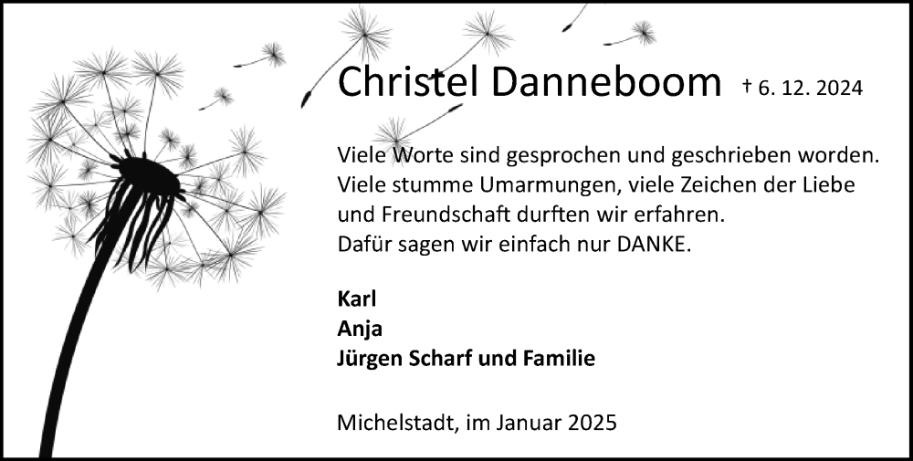  Traueranzeige für Christel Danneboom vom 18.01.2025 aus Odenwälder Echo