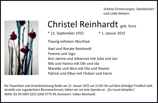 Traueranzeige von Christel Reinhardt von Darmstädter Echo