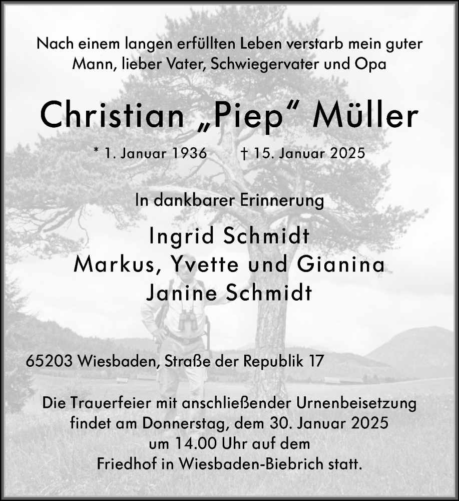  Traueranzeige für Christian Müller vom 25.01.2025 aus Wiesbadener Kurier