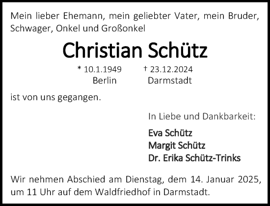 Traueranzeige von Christian Schütz von Darmstädter Echo