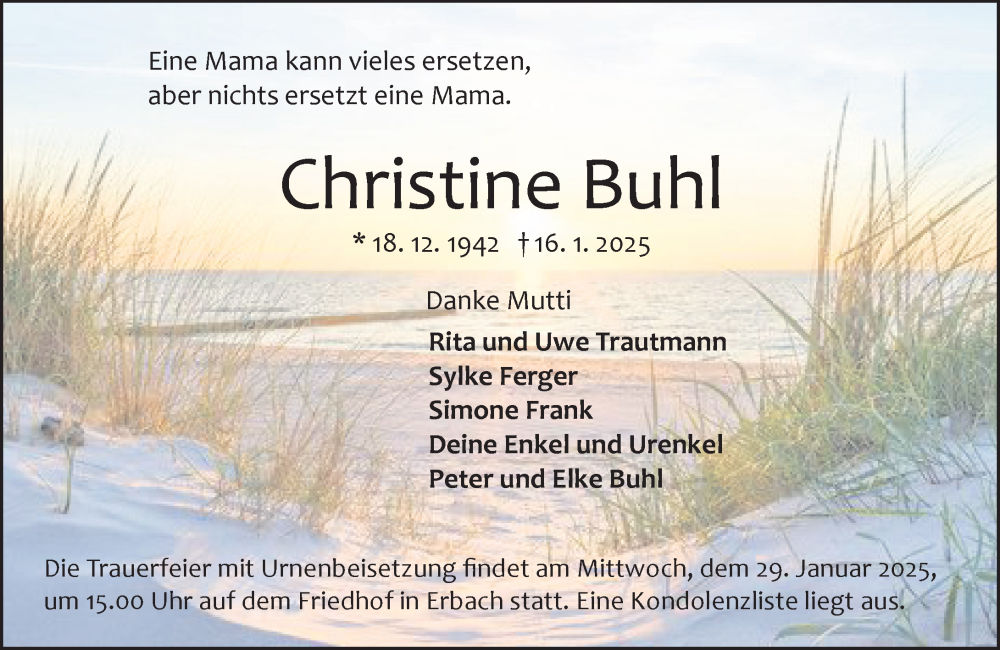  Traueranzeige für Christine Buhl vom 25.01.2025 aus Odenwälder Echo